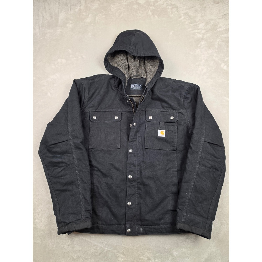 Carhartt Bartlett Jacket Mens Large Black Fleece Lined Hooded Workwear Snap Zip